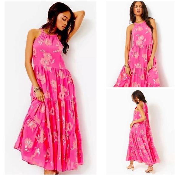 Lilly Pulitzer Dresses & Skirts - LILLY PULITZER Beccalyn Silk Blend Halter Tiered Metallic Pink Maxi Dress XXS